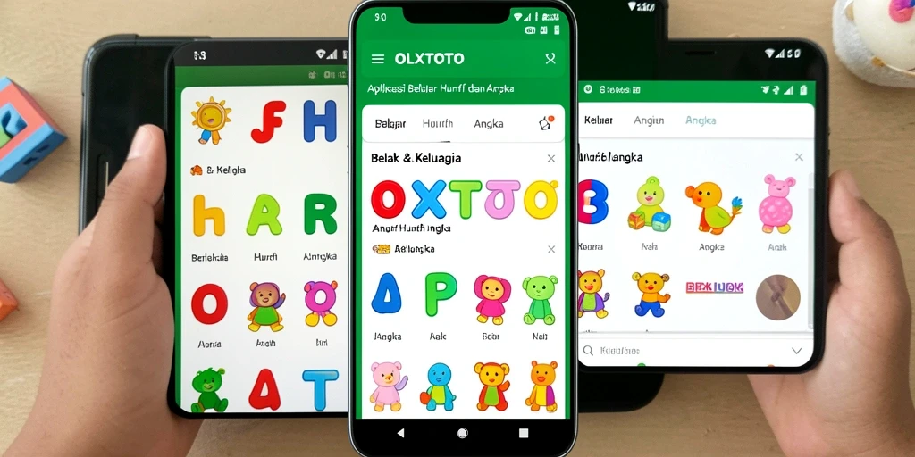 Screenshot aplikasi OLXTOTO yang menunjukkan fitur Belajar Huruf dan Angka.
