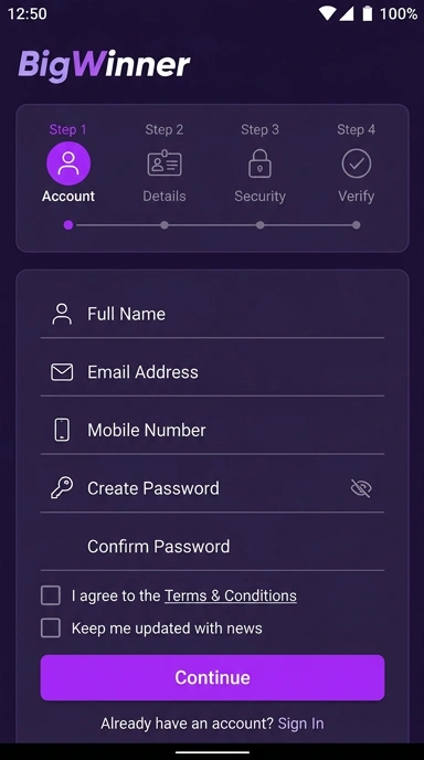 Registrasi Akun Baru bigwinner untuk Pengguna Android